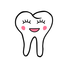 Cute smiling tooth in doodle style. Hand drawn doodle. Isolated on white background. Design for dental clinic, print on card, poster, banner and etc. Concept of care for the oral cavity, dentistry