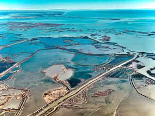 An aerial view of the landscape around Venice, Italy.