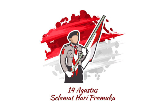 Translate: August 14, Happy Pramuka Day. Pramuka ( Indonesian national scouting movement) day vector illustration. 