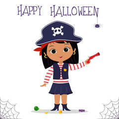 Halloween party. Cute little girl dressed as a pirate, lollipops and lollipops, a spider and a cobweb. Postcard, vector illustration.