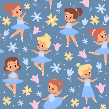 Seamless pattern little ballerinas. Young beautiful dancers in ballet tutus, girls in dresses and pointe shoes, flowers and plants. Decor textile, wrapping paper and wallpaper, vector print