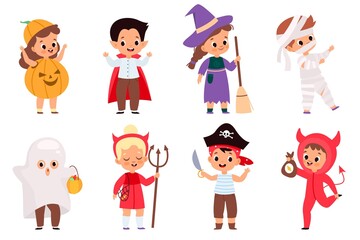 Halloween kids. Happy children in scary different costumes, fun holiday, trick-or-treaters boys and girls, witch and mummy, pumpkin and pirate. Vector cartoon flat isolated set