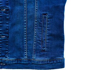 Denim jacket with a side pocket. Close up view of blue denim jacket with pocket and classic...