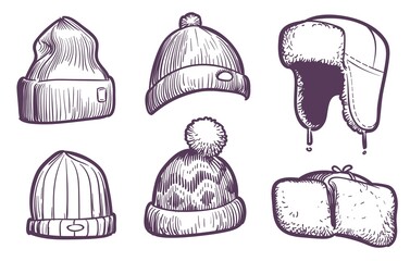Sketch mens caps. Warm winter and autumn fashion hats design. Sports and knitted male and female wool headwear, seasonal traditional accessories. Hand drawn clothing vector isolated set