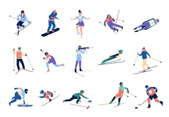 Fototapeta na wymiar Winter sports skating. Skiers and snowboards athletes, mountains ski jumping and freestyle, bobsleigh, curling ice hockey, olympic games. People active poses vector cartoon isolated set