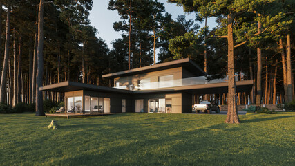 Modern house in the forest. Big contemporary house. Private house in the forest. Beautiful house in a pine forest. 3d illustration