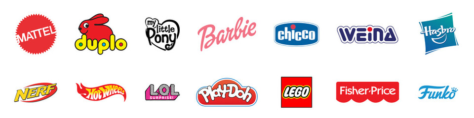 Obraz premium Kids toys company brand logo set. Editorial image. VINNITSIA, UKRAINE. AUGUST 09, 2021.