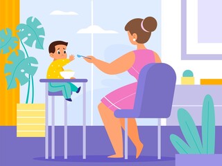 Baby feeding room. Mom gives food toddler with spoon at home, little kid sitting on high chair, harmful child refuses eat. Parent care and love, happy motherhood vector cartoon flat concept