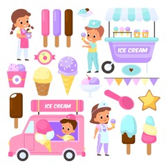 Ice cream sellers. Cute kids with sweets tray and van. Cartoon young businessman selling different types of yummy snacks. Festival desserts market. Vector street tasty food elements set