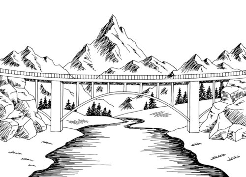 Mountain bridge river graphic black white landscape sketch illustration vector