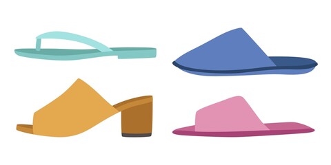 Fototapeta premium Footwear. Types of shoes for men and women or house. Fashionable casual style. Side view on summer flip-flop footgear without heels. Home slippers. Vector beach outfit elements set