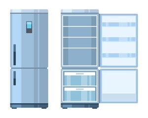 Fridge. Closed and open empty refrigerator, kitchen household appliances, home preserve food, electronic modern equipment for products, design element vector cartoon flat isolated illustration