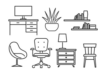 Furniture line. Living room interior design icons. Soft armchair and table with computer. Contour lamp or shelves for books. Houseplant in pot. Vector black and white home decor set