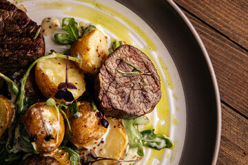 Closeup on a plate of gourmet fillet mignon steaks with potatoes 
