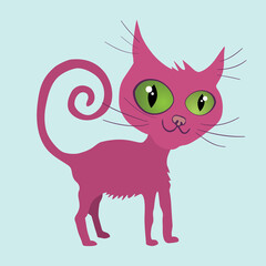 
An illustration of a funny pink cat. He has big green eyes and a curly tail.