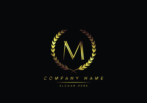 Alphabet letter M monogram logo, gold color, luxury style