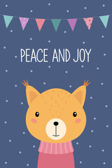 Fototapeta premium Cute cartoon squirrel in a sweater. A Christmas card. Peace and joy. Vector illustration