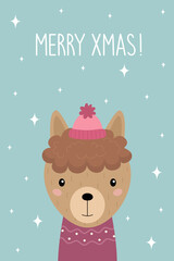 Merry XMAS. A Christmas card. Cute cartoon alpaca in a hat. Vector illustration