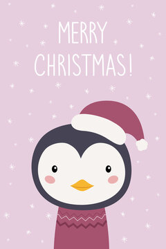 Merry Christmas. A New Year's card. Cute cartoon penguin in a hat. Vector illustration
