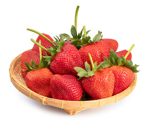 Red Strawberries in Bamboo basket, Fresh long stem berries Strawberry in a wooden bowl on on White...
