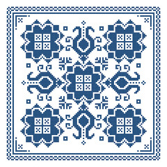 Zmijanje retro embroidery style vector design in square wtih flowers  - traditional folk art design from Bosnia and Herzegovina  - obrazy, fototapety, plakaty