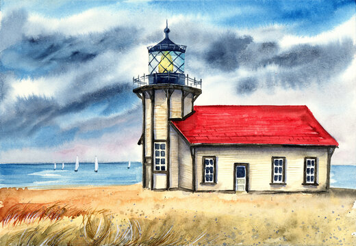 Watercolor illustration of Point Cabrillo Lighthouse with red roof annex, dry grass seashore and blue ocean on the horizon