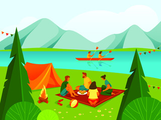 Camping or rest in forest or parkland, background or banner. People or tourists resting near the river, sitting on grass and have picnic. Outdoor leisure activity, summer vacation. Landscape of nature