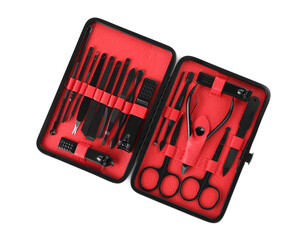 Manicure set in case isolated on white, top view