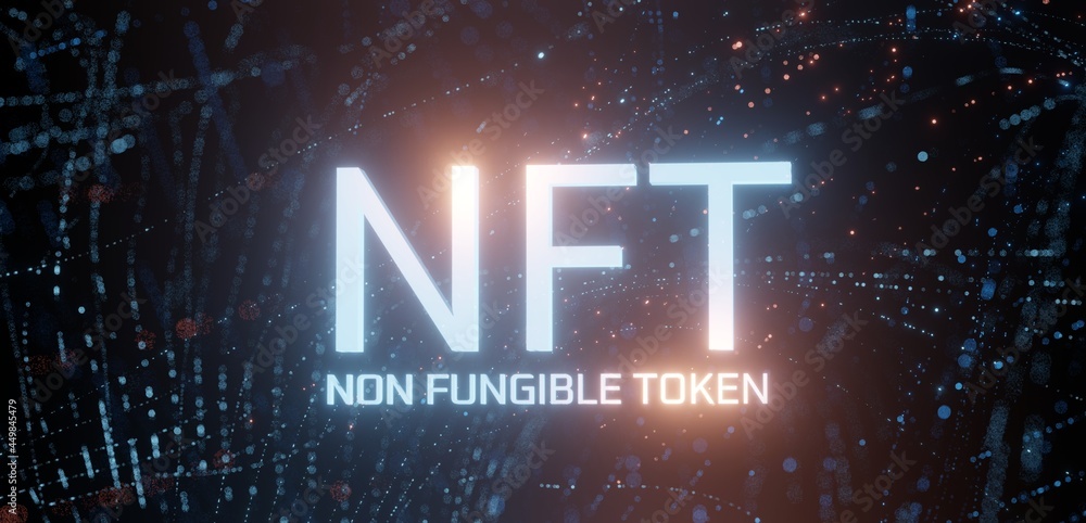 Poster 3d rendering of non-fungible token (nft) text on abstract digital data background. concept of nft be