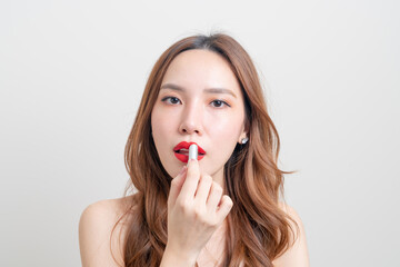 portrait beautiful woman make up and using red lipstick