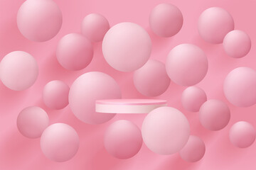 Minimal abstract scene with podium or platform, air flying geometric bubble shapes on pink background.