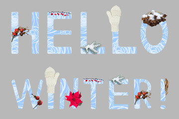 Artistic text: Hello winter! Collage with isolated winter pictures