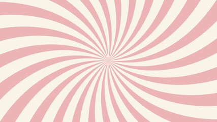 Fototapeta premium Retro background with pink sunburst or starburst. Pattern with vintage color palette, swirl stripes. Vector illustration of 60s.