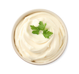 Bowl with delicious mayonnaise and parsley isolated on white, top view