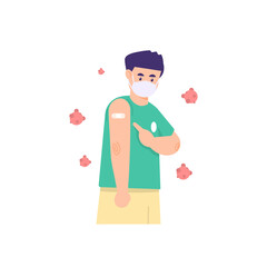 illustration of a man showing or telling that he has been injected with a vaccine. protected from the corona virus. been vaccinated. flat cartoon style. vector design
