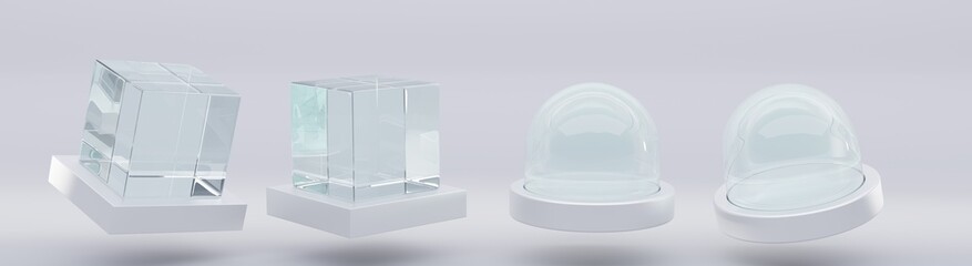 Glass cube and sphere or dome on white plastic base, front and angle view. Mockup blank crystal containers, square block and clear Christmas snow globe isolated on grey background. Realistic 3d set