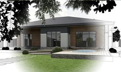 modern house, cottage, exterior view - 3d illustration, 3D render