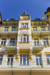 Decorated balconies on a historic building in Karlovy Vary, Czech Republic