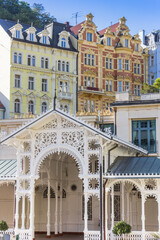 White wooden structure of the Kolonada in Karlovy Vary, Czech Republic