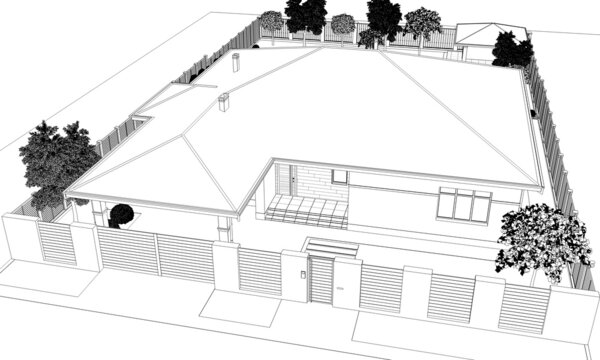 modern house, cottage, exterior view - 3d illustration, , sketch, outline