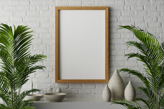 3d rendering of 24 x 36 inch canvas paper with walnut wooden frame hanging on the white brick wall perfect for poster, illustration or artwork mockup in minimalist cozy modern natural interior