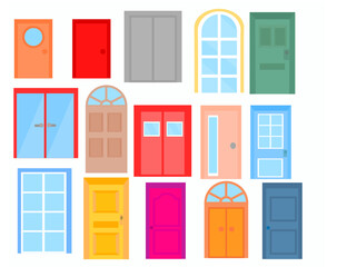 Set of front doors for houses and buildings.Office doorway.Furniture for home and room.Sign, symbol, icon or logo isolated on white background.Flat design.Cartoon vector illustration.Template.