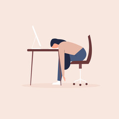 Young exhausted female employee sitting at the office. Professional burnout. Vector illustration flat style