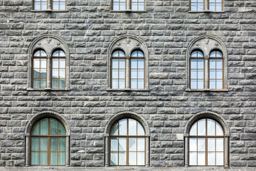 Part of the neoclassical facade in Saint-Petersburg.  The Wawelberg Bank Building in St. Petersburg, Russia.