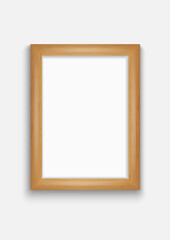 Brown wood paint empty photo image frame. Abstract photo mock up object with shadow on transparency background. Realistic vertical isolated template. Vector illustrator.