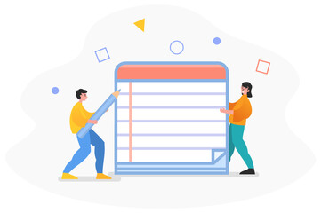 Write notes, keep diary, work planning. Two people stand near big notepad. Modern vector illustration