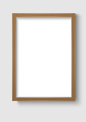 Obraz premium Brown wood paint empty photo image frame. Abstract photo mock up object with shadow on transparency background. Realistic vertical isolated template. Vector illustrator.