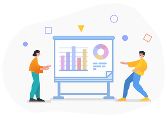 Financial report, business presentation. Two people stand near whiteboard with charts, diagrams. Modern vector illustration