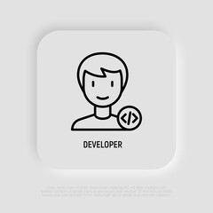 Developer, coder, programmer thin line icon, avatar of man with program code. Modern vector illustration.