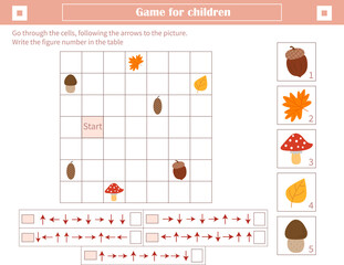  A game for children. Development of spatial thinking. Go through the cells, following the arrows to the picture. Mark the figure number in the table